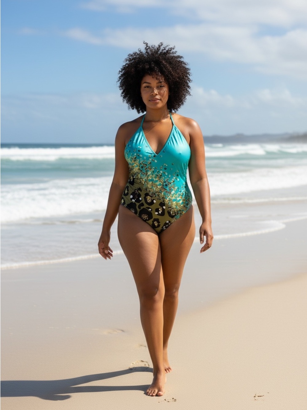 Xpluswear Turquoise & Olive Leopard Print Halter Strap One-Piece Swimsuit Sz XXL